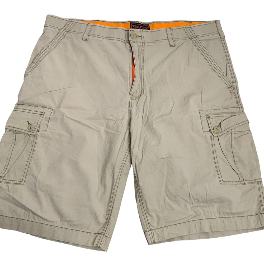 Wear First Cargo Elastic Waist Shorts 40 Tan Button Zip Mesh Pockets Belt Loops